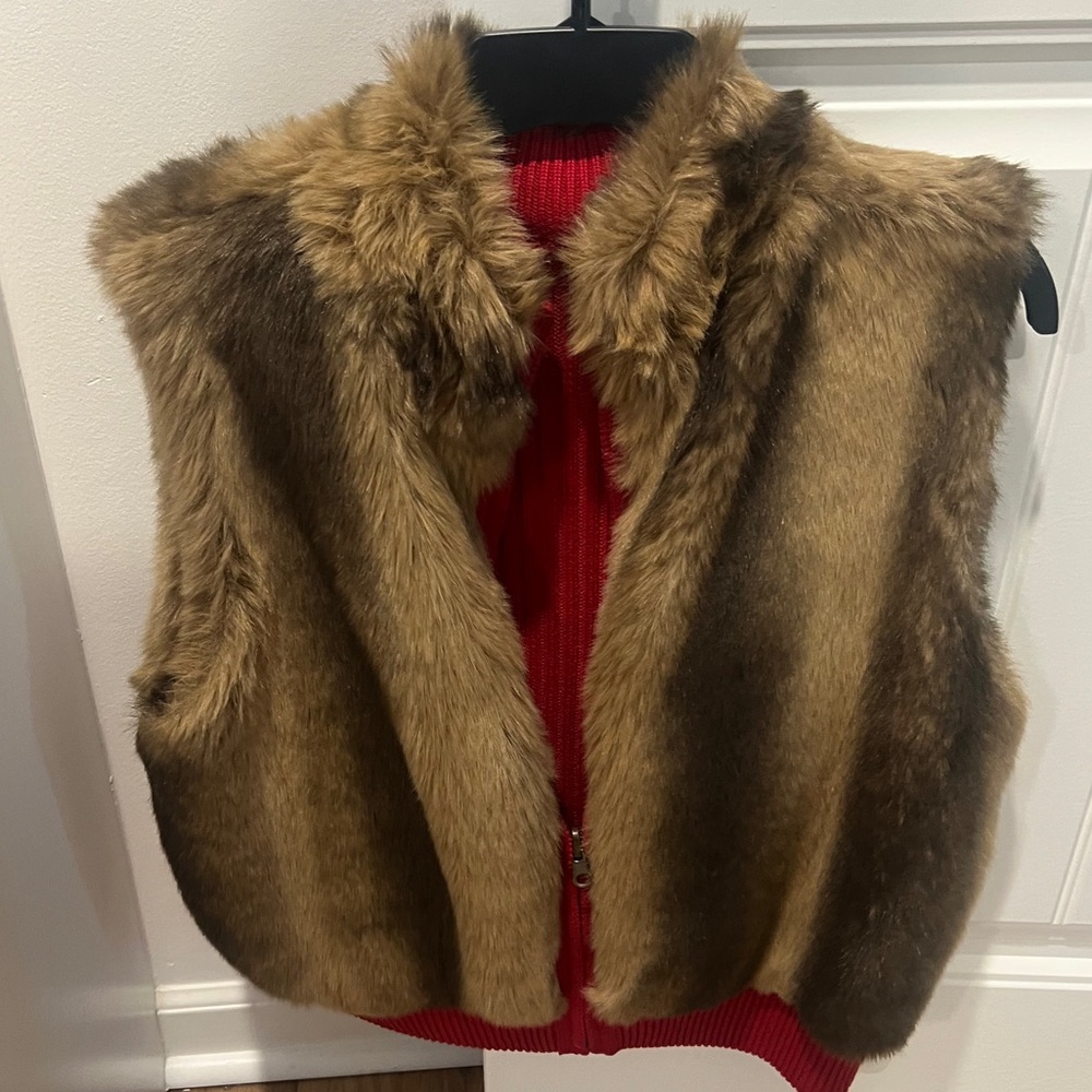 Faux Fur Vest with Red Knit Base-Reversible